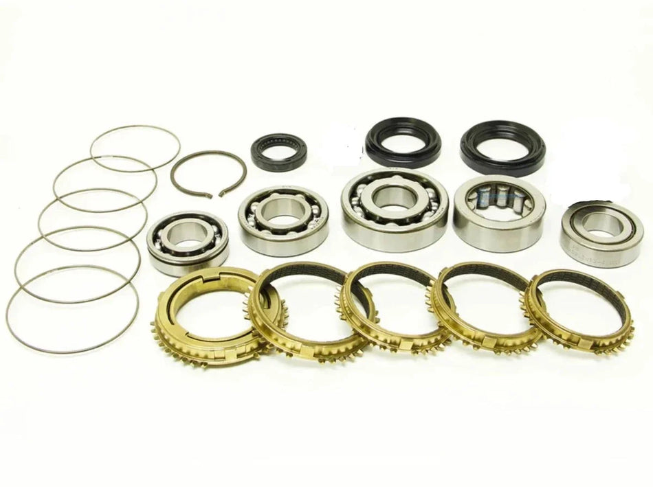 Synchrotech Honda Euro R Accord U2Q7 T2W4 Bearing, Seal, and Synchro Kit includes: SYN109E 1-5 Carbon Synchro Set, SP109 1-5 Synchro Springs, Brass reverse synchro and spring, BSK-H22 Bearing & Seal Kit