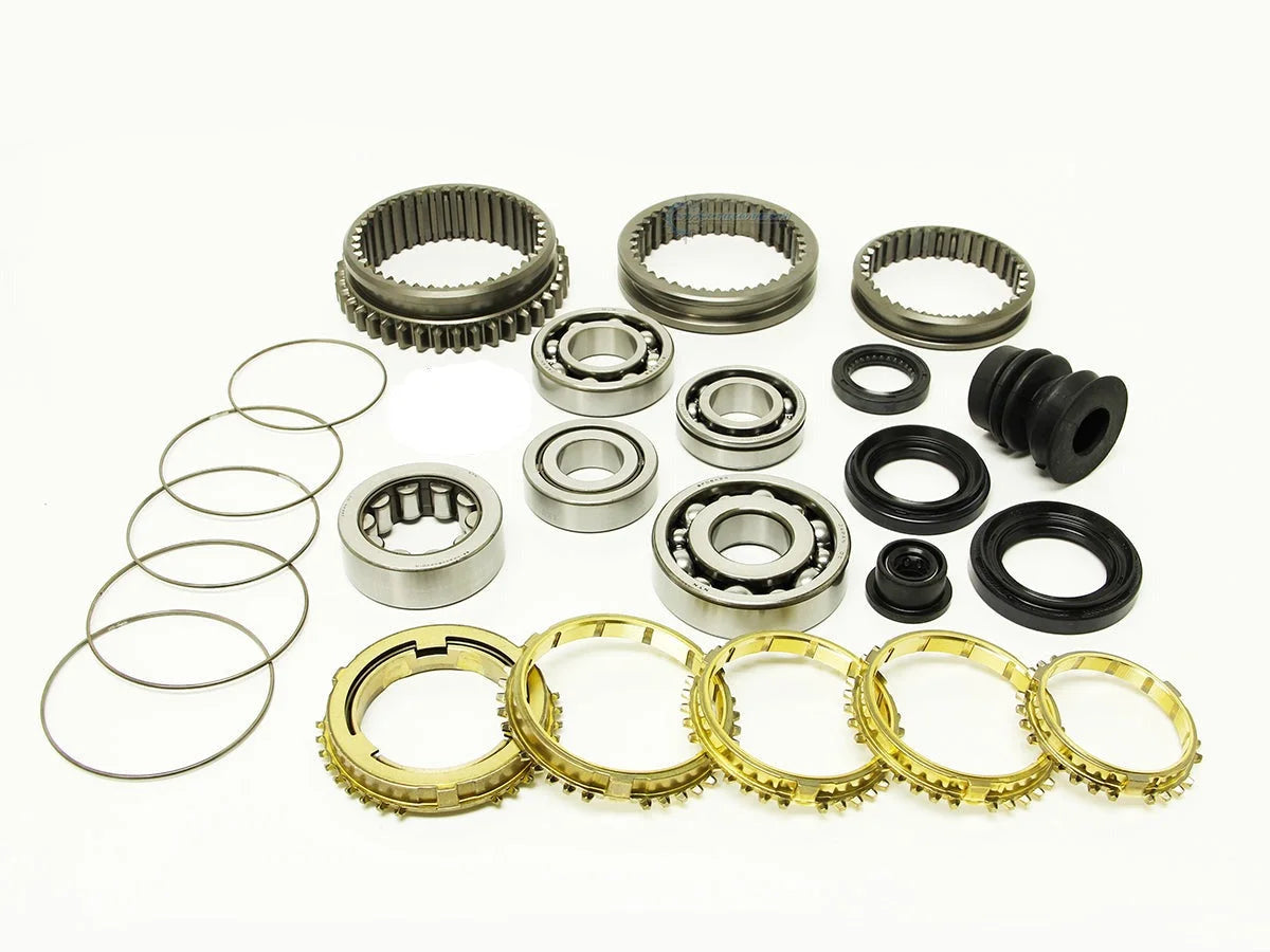 Synchrotech 1992-1993 Honda Acura GSR B16 YS1 Kit includes: SYN101B 1-5 Brass Synchro Set, SP101 1-5 Synchro Springs, reverse synchro and spring, BSK-YS1 Bearing & Seal Kit, 1/2/3/4/5 Sleeves