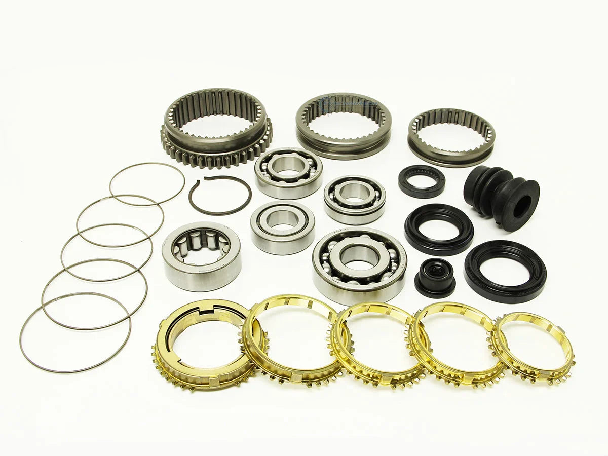Synchrotech Honda Prelude H22 M2Y4 M2F4 M2A4 Kit includes: SYN109B 1-5 Brass Synchro Set, SP109 1-5 Synchro Springs, Brass reverse synchro and spring, BSK-H22 Bearing & Seal Kit, 1/2/3/4/5 Sleeves.