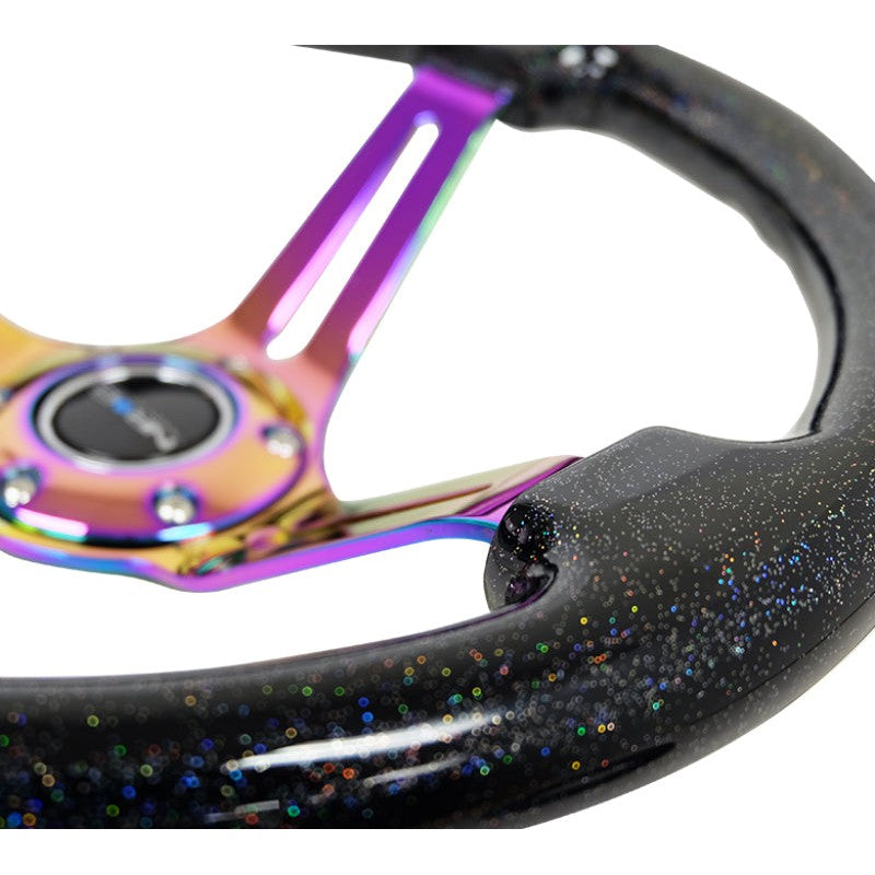 NRG Reinforced Steering Wheel (350mm / 3in. Deep) Blk Multi Color Flake w/ Neochrome Center Mark