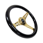 NRG Classic Wood Grain Steering Wheel (350mm) Black Grip w/Chrome Gold 3-Spoke Center