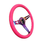 NRG Classic Wood Grain Steering Wheel (350mm) Neon Pink Painted Grip w/Neochrome 3-Spoke Center