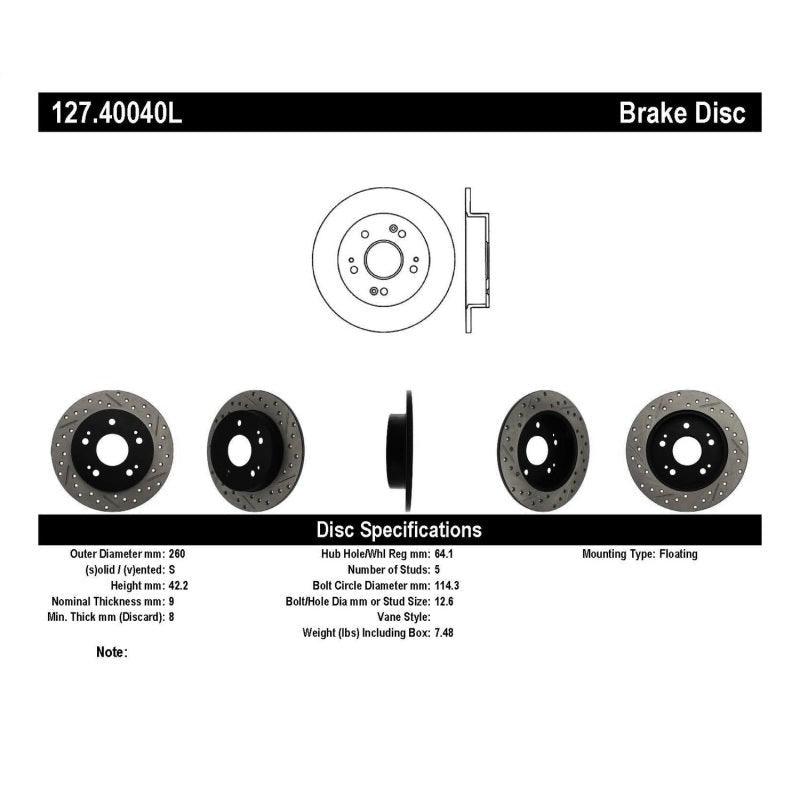 StopTech 06-09 Honda Civic Ex/Si Slotted & Drilled Left Rear Rotor - Saikospeed