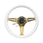 NRG Classic Wood Grain Steering Wheel (350mm) White Grip w/Chrome Gold 3-Spoke Center