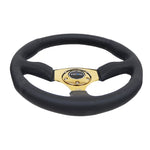 NRG Reinforced Steering Wheel (350mm / 2.5in. Deep) Leather Race Comfort Grip w/4mm Gold Spokes