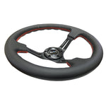 NRG Reinforced Steering Wheel (350mm / 3in. Deep) Black Leather/Red Stitch & Blk 3-Spoke w/Slits