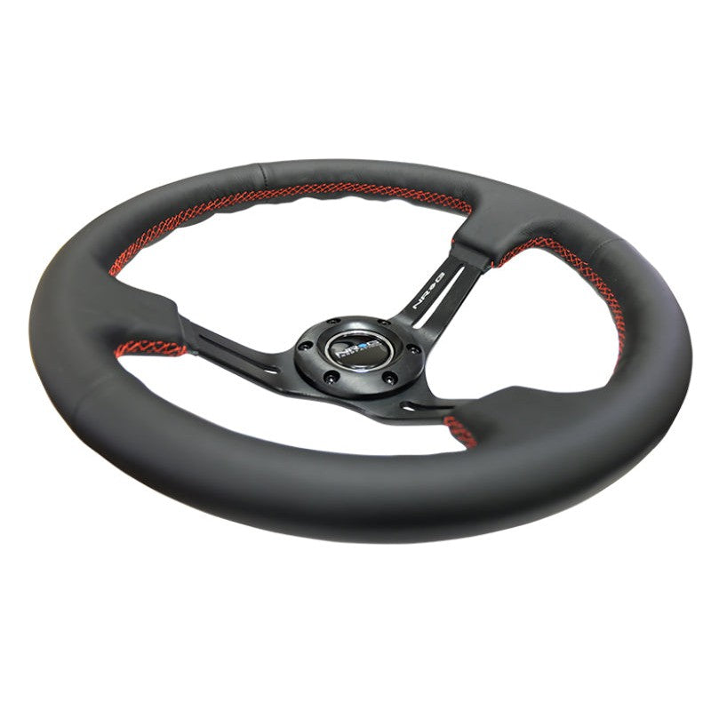 NRG Reinforced Steering Wheel (350mm / 3in. Deep) Black Leather/Red Stitch & Blk 3-Spoke w/Slits