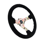 NRG Reinforced Steering Wheel (350mm / 3in. Deep) Blk Suede Floral Dipped w/ Blk Baseball Stitch