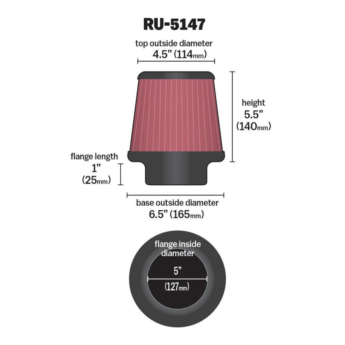 K&N Filter Universal Rubber Filter 5in Flange 6.5in Base 4.5in Top 5.5in Height - Saikospeed