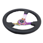 NRG Reinforced Steering Wheel (350mm / 3in. Deep) Blk Leather/Blk Stitch w/Neochrome Slits