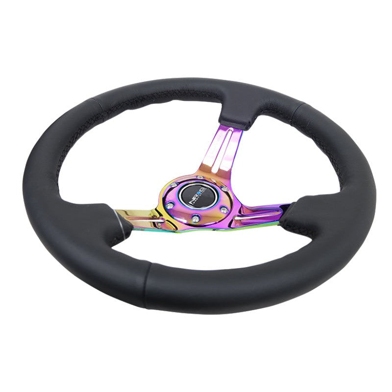 NRG Reinforced Steering Wheel (350mm / 3in. Deep) Blk Leather/Blk Stitch w/Neochrome Slits
