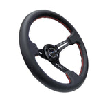 NRG Reinforced Steering Wheel (350mm / 3in. Deep) Black Leather/Red Stitch & Blk 3-Spoke w/Slits