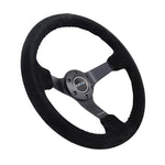 NRG Reinforced Steering Wheel (350mm / 3in. Deep) Blk Suede/Blk Bball Stitch w/5mm Matte Black Spoke