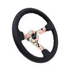 NRG Reinforced Steering Wheel (350mm / 3in. Deep) Blk Leather Floral Dipped w/ Blk Baseball Stitch