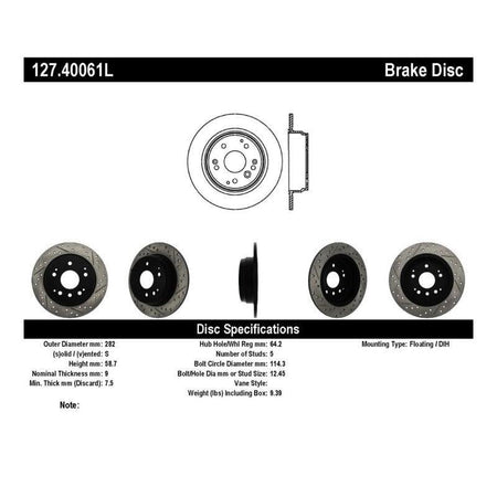 StopTech 04-08 Acura TL / 03-09 honda Element Slotted & Drilled Left Rear Rotor - Saikospeed