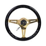 NRG Classic Wood Grain Steering Wheel (350mm) Black Grip w/Chrome Gold 3-Spoke Center