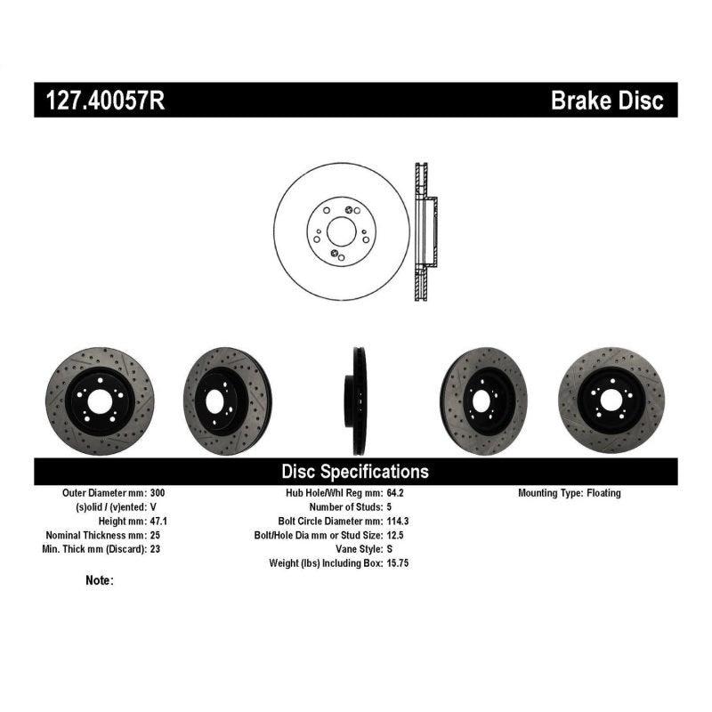 StopTech 02-06 Acura RSX Type S / 06-09 Honda Civic Si Slotted & Drilled Right Front Rotor - Saikospeed