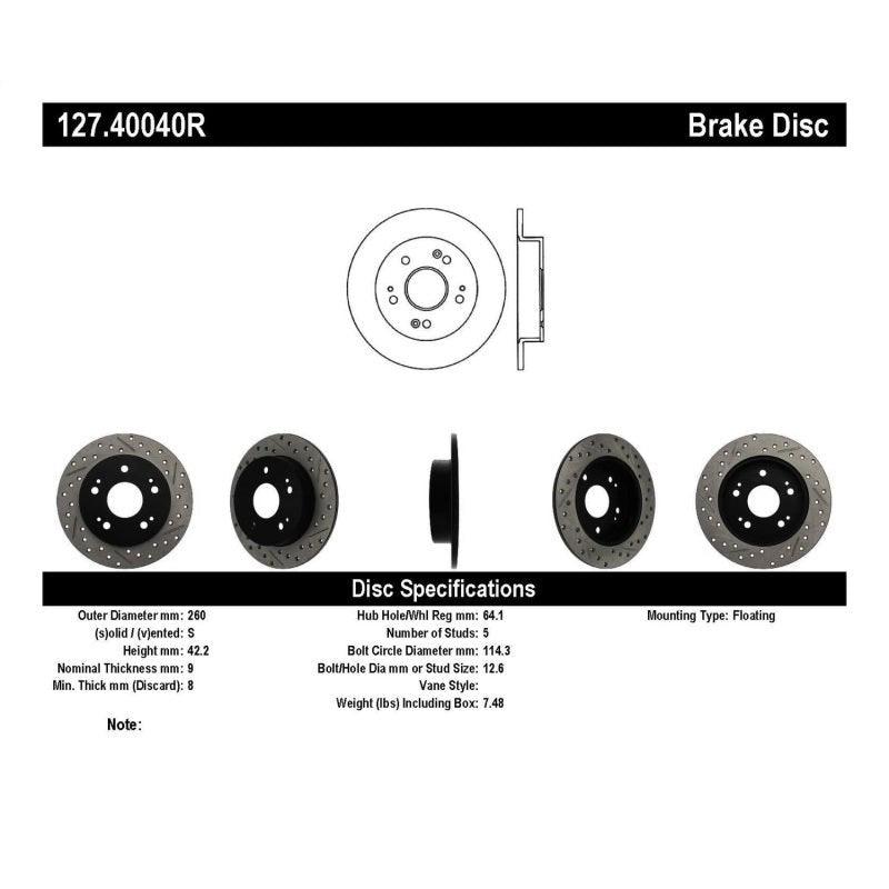 StopTech 06-09 Honda Civic Ex/Si Slotted & Drilled Right Rear Rotor - Saikospeed