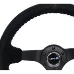 NRG Reinforced Steering Wheel (350mm / 3in. Deep) Blk Suede/Blk Bball Stitch w/5mm Matte Black Spoke