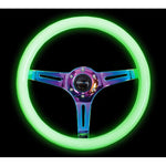 NRG Classic Wood Grain Steering Wheel (350mm) Glow-N-The-Dark Green Grip w/Neochrome 3-Spoke Center