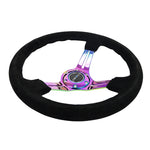 NRG Reinforced Steering Wheel (350mm / 3in. Deep) Blk Suede/Blk Stitch w/Neochrome Slits