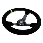 NRG Reinforced Steering Wheel 350mm/3in. Deep Blk Suede/ Neon Green Stitch w/5mm Matte Black Spoke