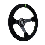 NRG Reinforced Steering Wheel 350mm/3in. Deep Blk Suede/ Neon Green Stitch w/5mm Matte Black Spoke