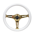 NRG Classic Wood Grain Steering Wheel (350mm) White Grip w/Chrome Gold 3-Spoke Center