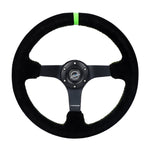 NRG Reinforced Steering Wheel 350mm/3in. Deep Blk Suede/ Neon Green Stitch w/5mm Matte Black Spoke