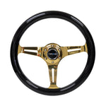 NRG Classic Wood Grain Steering Wheel (350mm) Black Grip w/Chrome Gold 3-Spoke Center