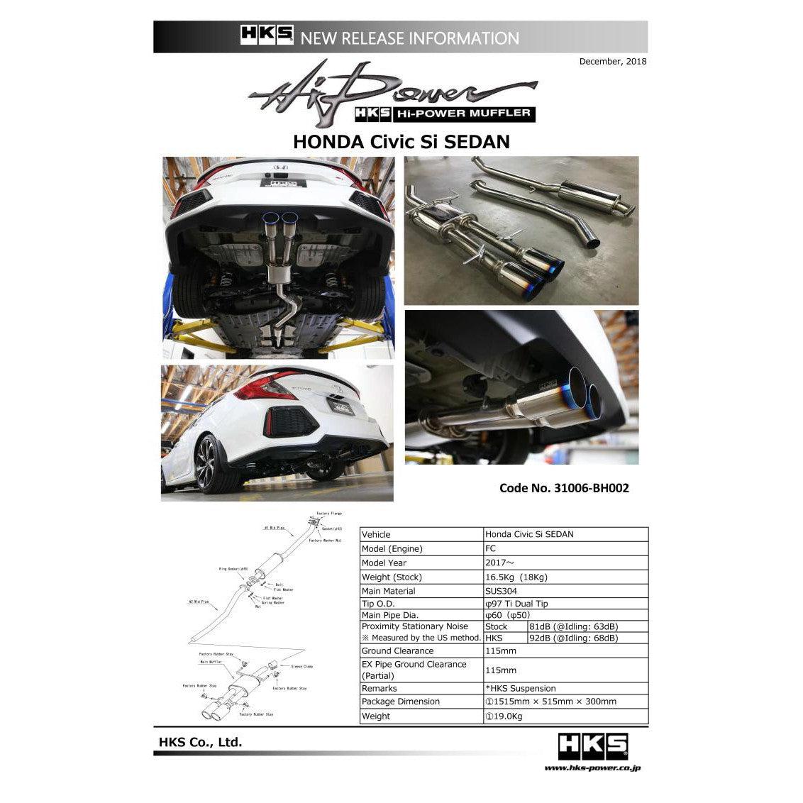 HKS 17+ Honda Civic Si Sedan (FC) Hi-Power Muffler Exhaust - Saikospeed