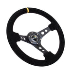 NRG Reinforced Steering Wheel (350mm / 3in. Deep) Blk Suede w/Circle Cut Spokes & Single Yellow CM