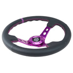 NRG Reinforced Steering Wheel (350mm / 3in. Deep) Black Leather w/Purple Center & Purple Stitching