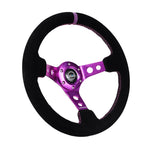 NRG Reinforced Steering Wheel (350mm / 3in. Deep) Black Suede w/Purple Center & Purple Stitching