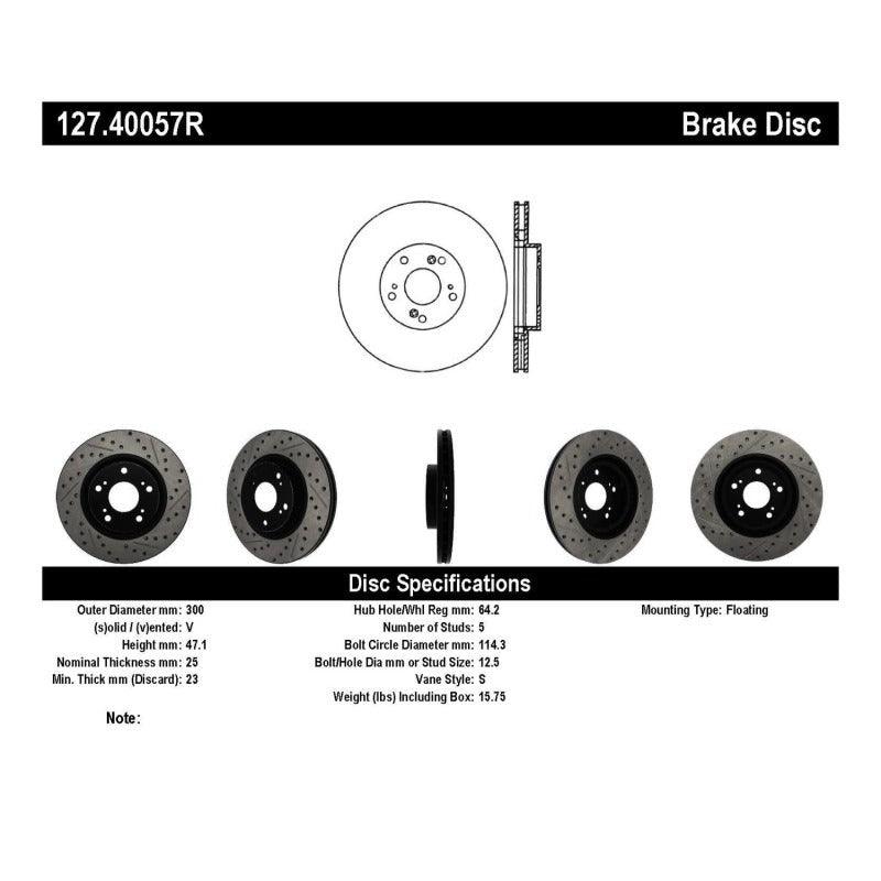 StopTech 02-06 Acura RSX Type S / 06-09 Honda Civic Si Slotted & Drilled Right Front Rotor - Saikospeed