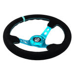 NRG Reinforced Steering Wheel (350mm/ 3in. Deep) Black Suede/ Teal Center Mark/ Teal Stitching