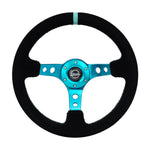 NRG Reinforced Steering Wheel (350mm/ 3in. Deep) Black Suede/ Teal Center Mark/ Teal Stitching