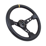 NRG Reinforced Steering Wheel (350mm / 3in. Deep) Blk Leather w/Blk Cutout Spoke/Yellow Center Mark
