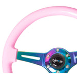 NRG Classic Wood Grain Steering Wheel (350mm) Solid Pink Painted Grip w/Neochrome 3-Spoke Center