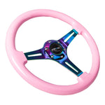 NRG Classic Wood Grain Steering Wheel (350mm) Solid Pink Painted Grip w/Neochrome 3-Spoke Center