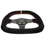 NRG Carbon Fiber Steering Wheel (320mm) Flat Btm. Blk Suede/Red Stitch w/CF Spokes & Red Center Mark