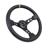 NRG Reinforced Steering Wheel (350mm / 3in. Deep) Blk Leather w/Blk Cutout Spoke/Yellow Center Mark