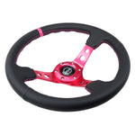 NRG Reinforced Steering Wheel (350mm/3in. Deep) Black Leather/ Fushia Center Mark/ Fushia Stitching