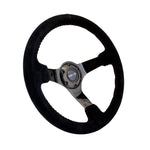 NRG Reinforced Steering Wheel (350mm / 3in. Deep) Blk Suede w/Red BBall Stitch & Black 3-Spoke